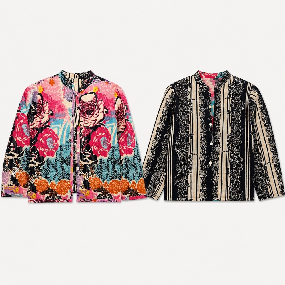 Floral Jacket Womens XL Multicolor Cotton‎ Quilted Reversible Short Button Boho